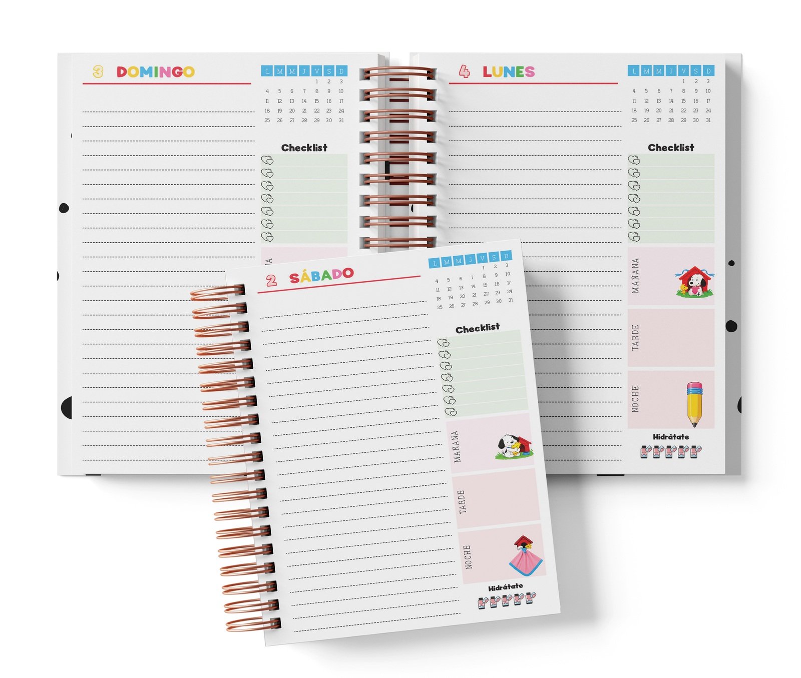 Diaria Snoopy fechada con renglones sin horas impresas, Checklist y bloques de jornada.