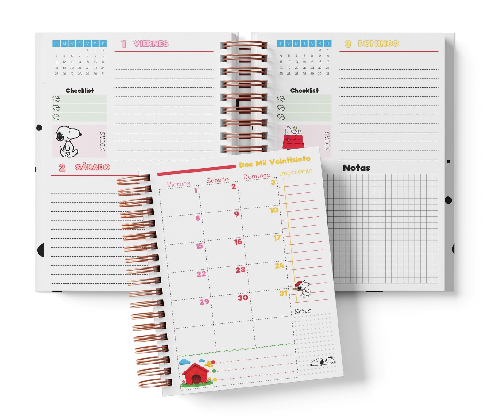 Interior Snoopy de dos días fechado: viernes y sábado, domingo con notas y muestra mensual.