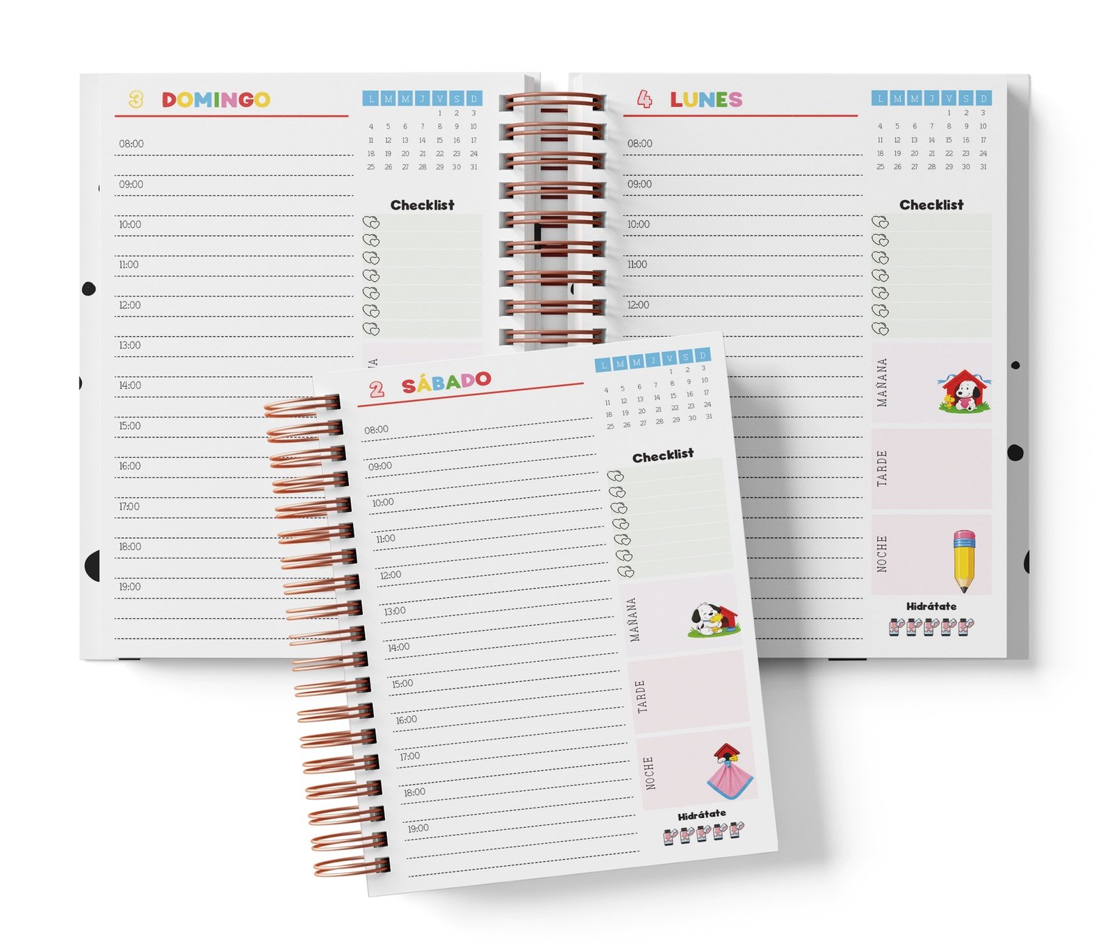 Diaria Snoopy con horario de 08:00 a 19:00, Checklist y bloques de mañana, tarde y noche.
