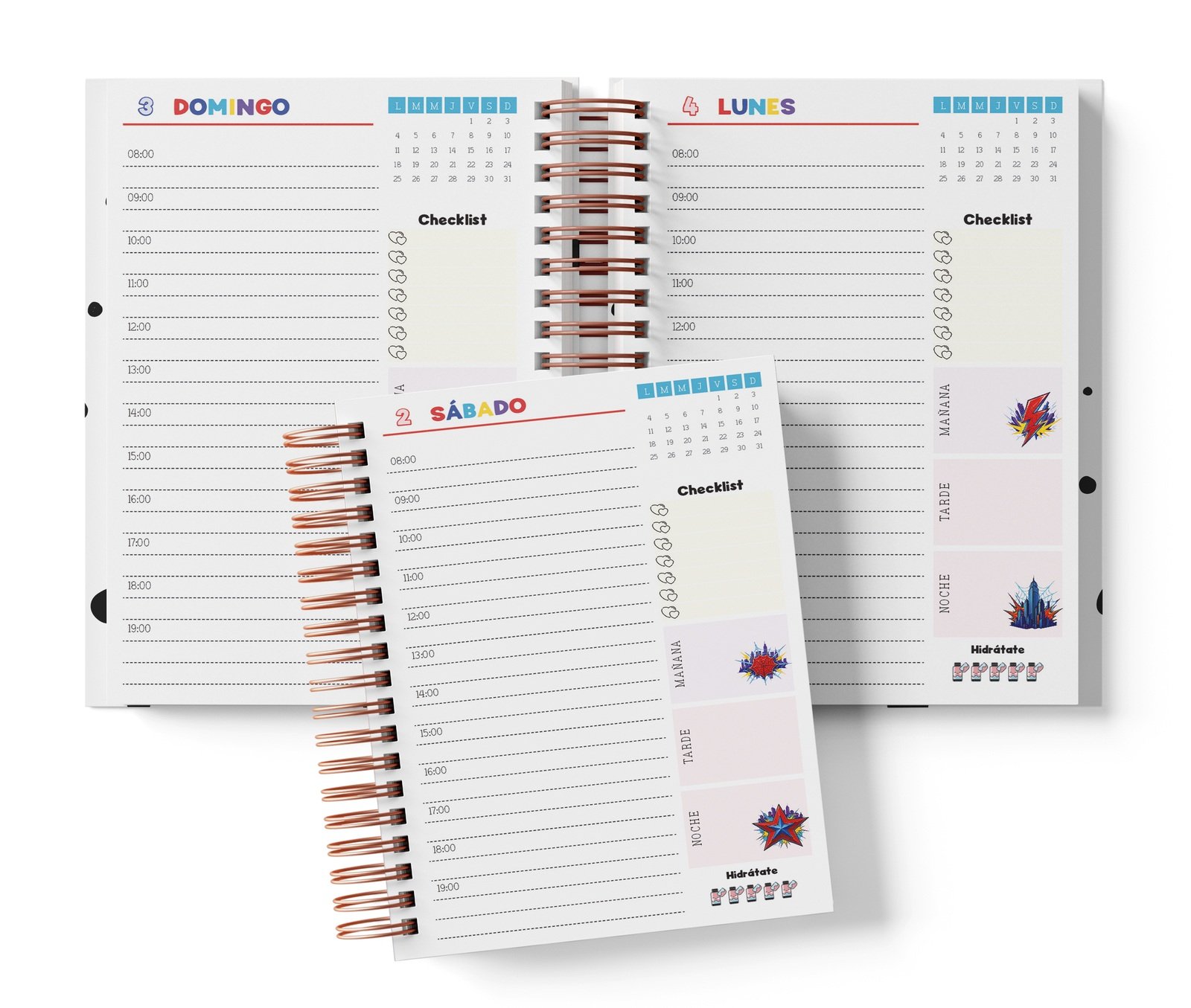 Diaria Spiderman con horario de 08:00 a 19:00, Checklist y bloques de mañana, tarde y noche.