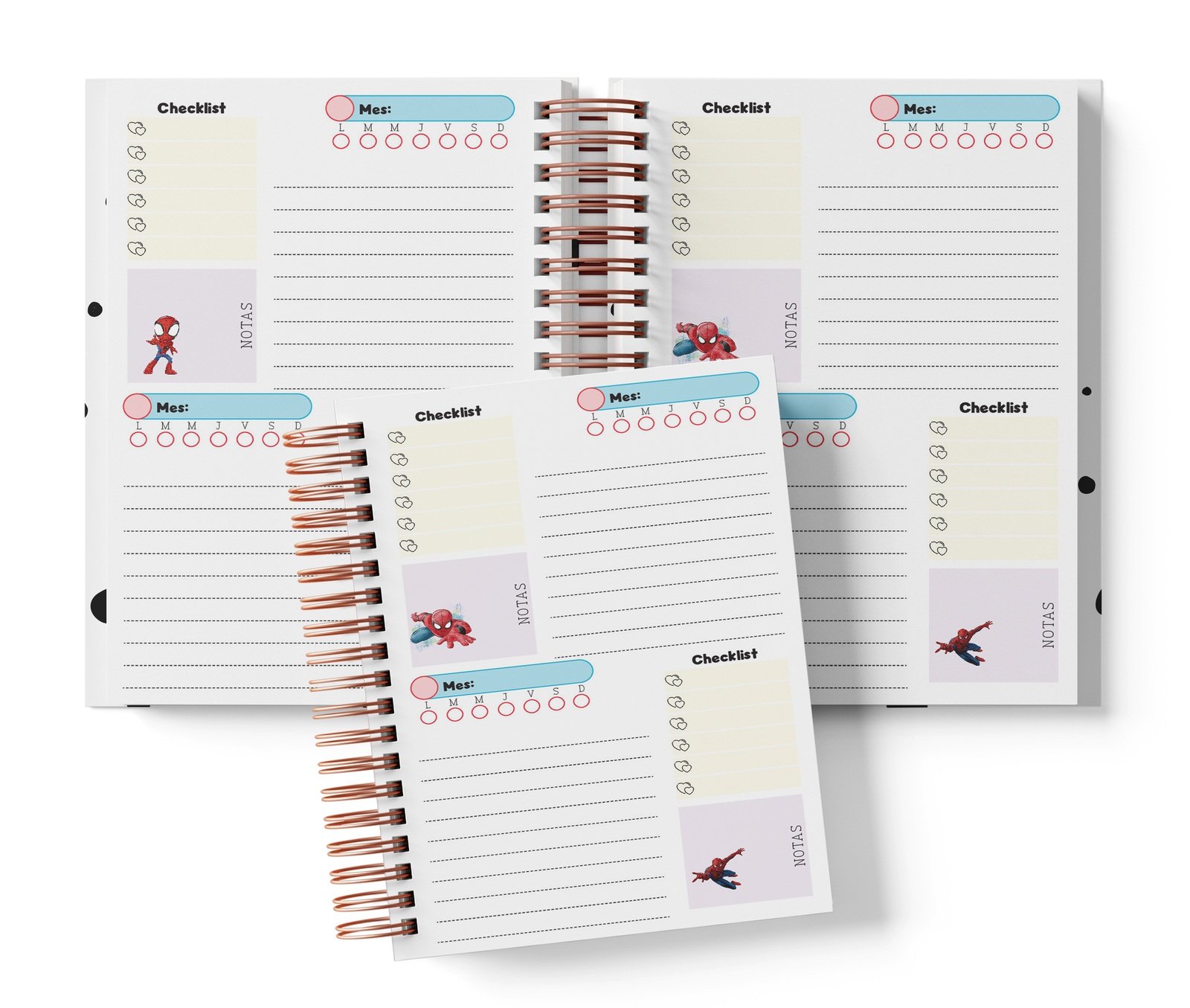 Planner Spiderman con dos espacios por página, Mes y día por completar, Checklist y notas.