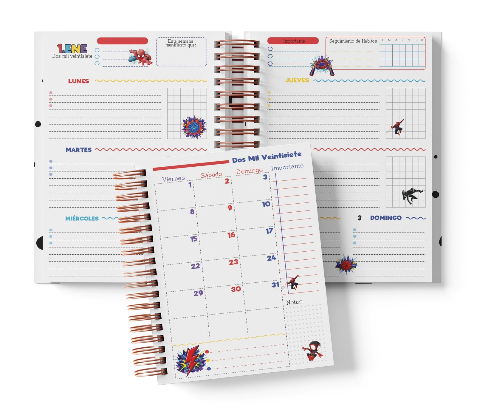 Interior semanal Spiderman con planificación por días, Seguimiento de Hábitos y muestra mensual.