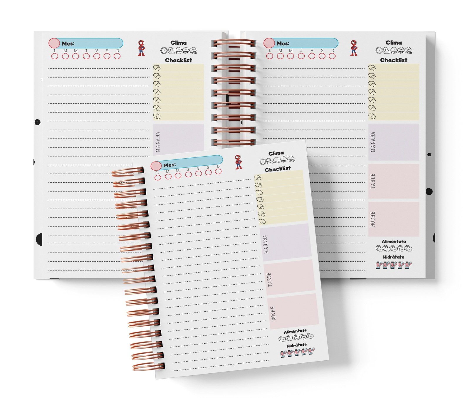 Planner diario Spiderman con Mes y selector de día por completar, clima, Checklist, alimentación e hidratación.