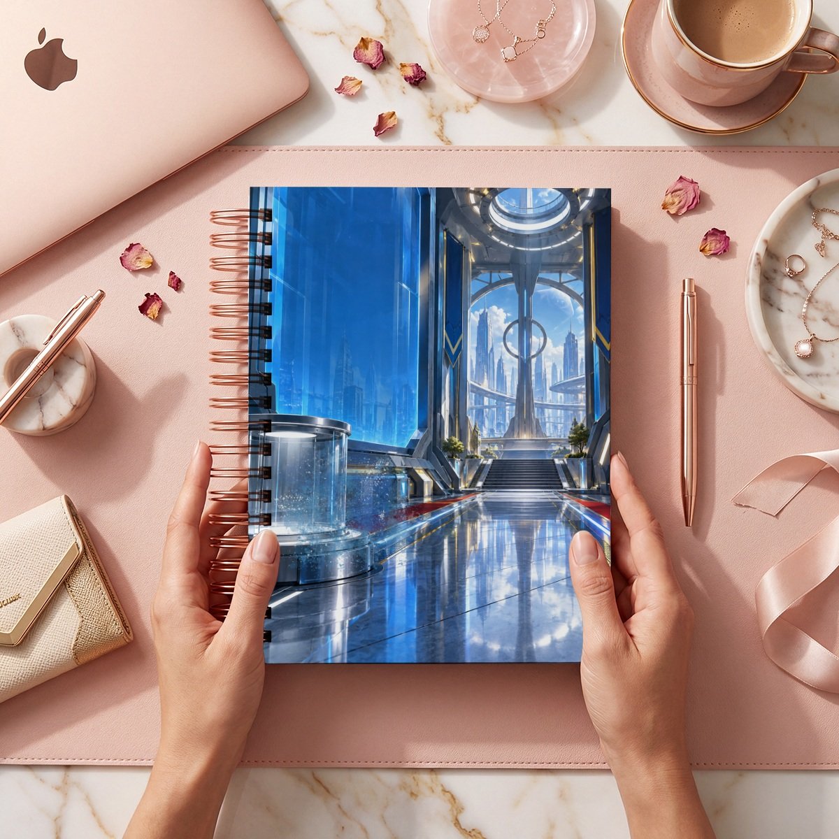 Mockup comercial Superman 003: arquitectura futurista azul, cristales y escaleras, sin figura de personaje en la tapa. Entrega digital; no acredita acabados físicos.