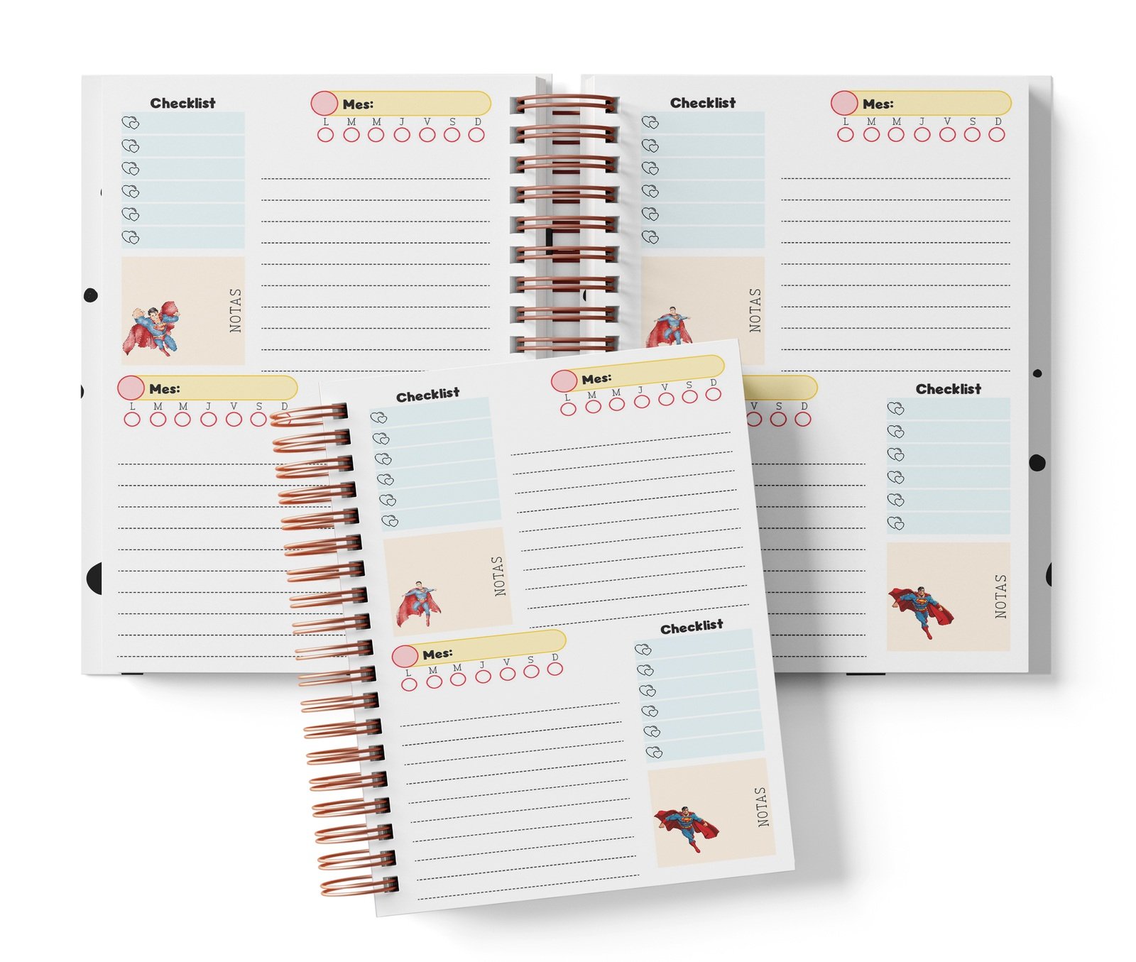 Planner Superman con dos espacios por página, Mes y día por completar, Checklist y notas.