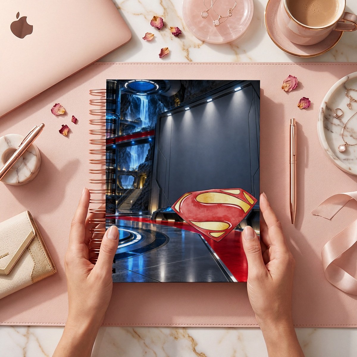 Mockup comercial Superman 009: emblema rojo y dorado de Superman en escenario oscuro con luces azules. Los colores son ilustrados; no se incluye cuaderno físico.