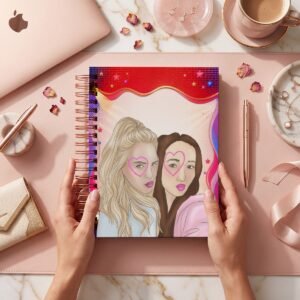 Mockup de la portada Taylor Swift 015: dos retratos femeninos con maquillaje de corazón dentro de un marco de luces y estrellas rojo, rosa y violeta. La foto representa una posible agenda; la entrega es digital.
