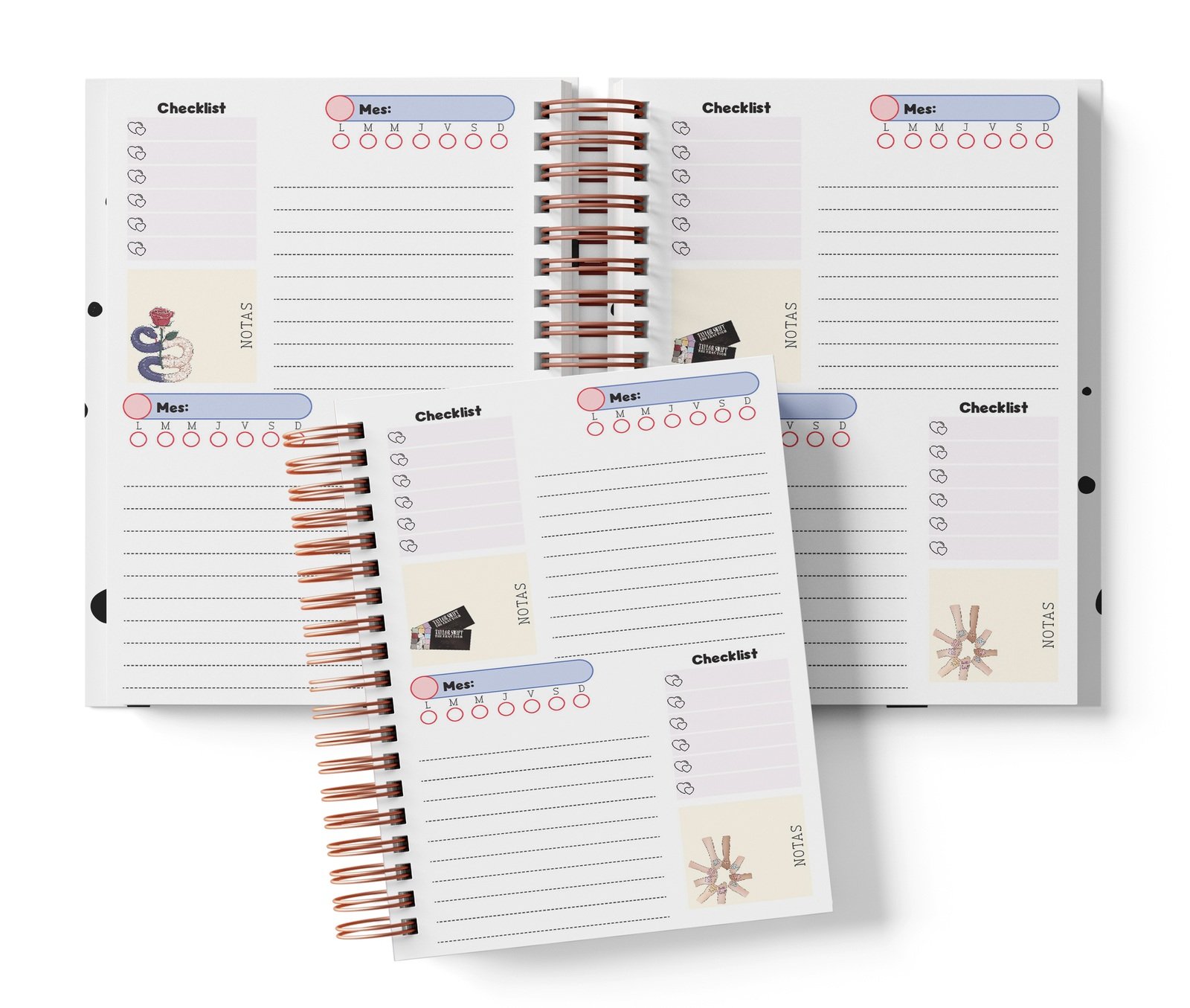 Planner Taylor Swift con dos espacios por página, Mes y día por completar, Checklist y notas.