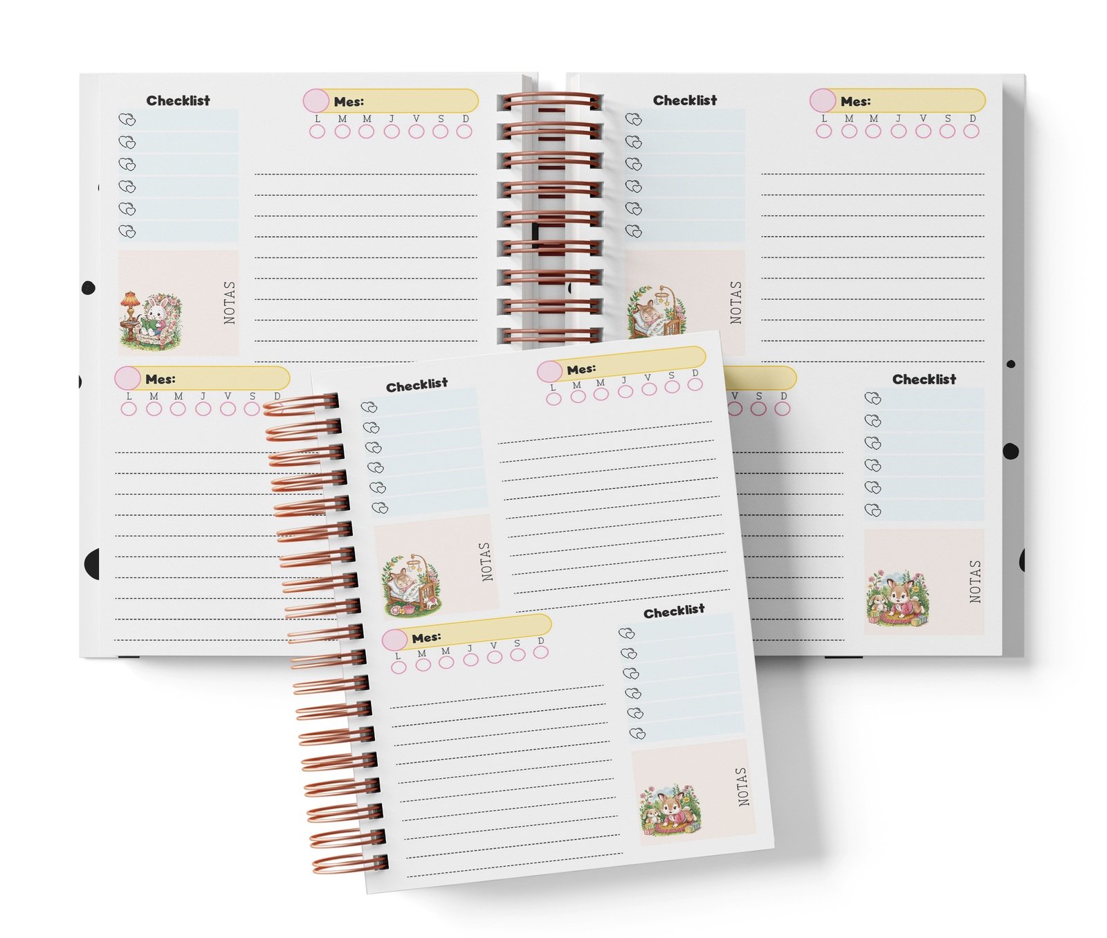 Planner Ternurines con dos espacios por página, Mes y día por completar, Checklist y notas.