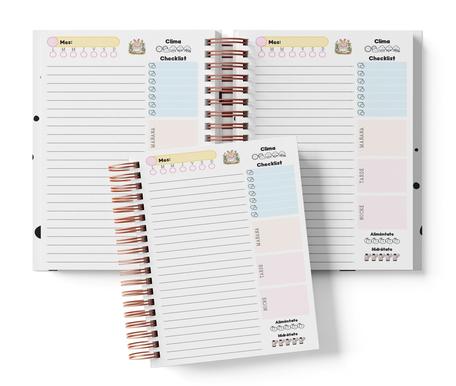 Planner diario Ternurines con Mes y selector de día por completar, clima, Checklist, alimentación e hidratación.