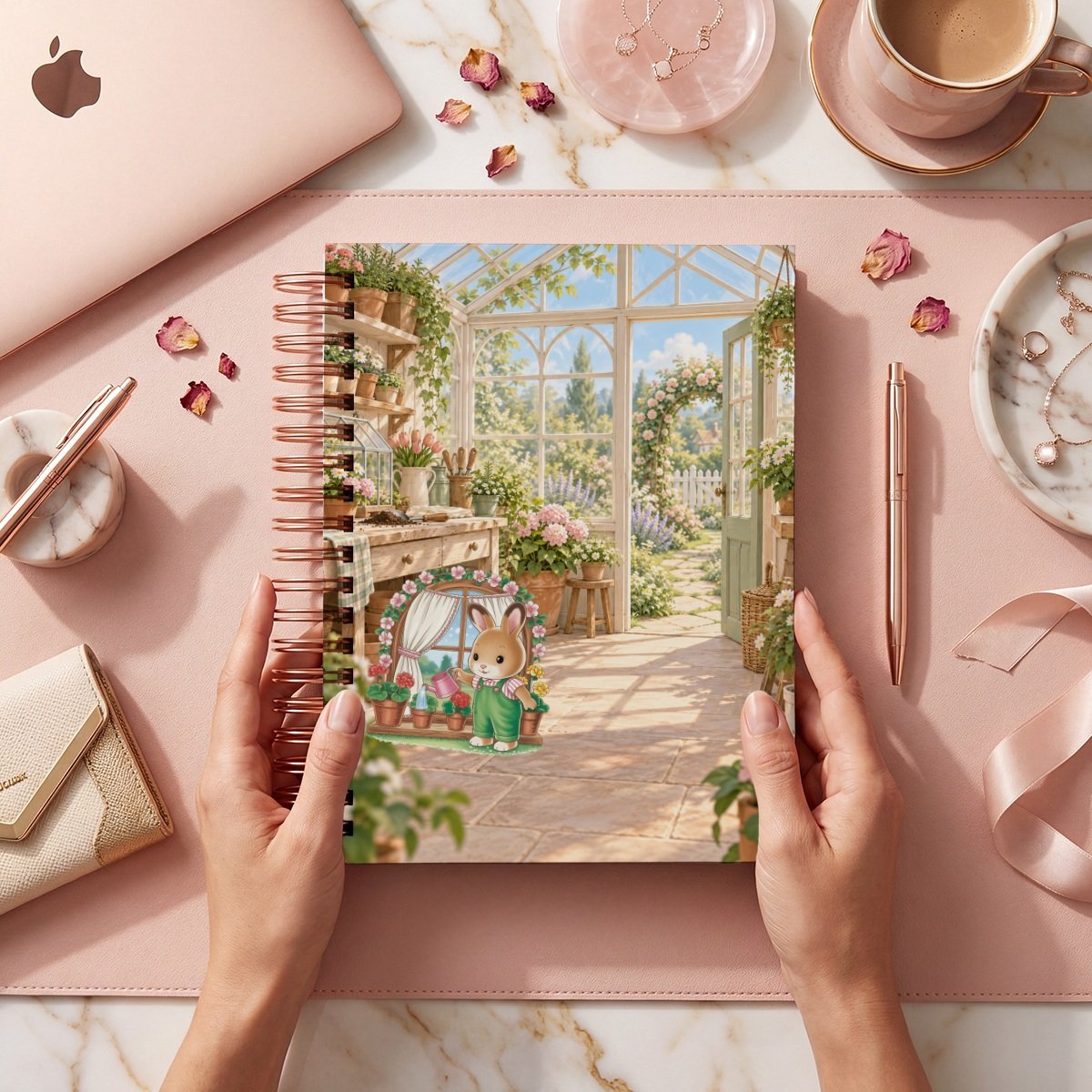 Mockup de la portada Ternurines 007: conejo con overol verde en un jardín con macetas y ventana. Ilustración del diseño, sin juguetes ni accesorios físicos incluidos.
