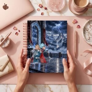 Mockup de la portada Thor 003 con figura, martillo y capa roja ante arquitectura, montañas y relámpagos azules. Brillo y metal son ilustrados; archivos digitales, sin agenda física.