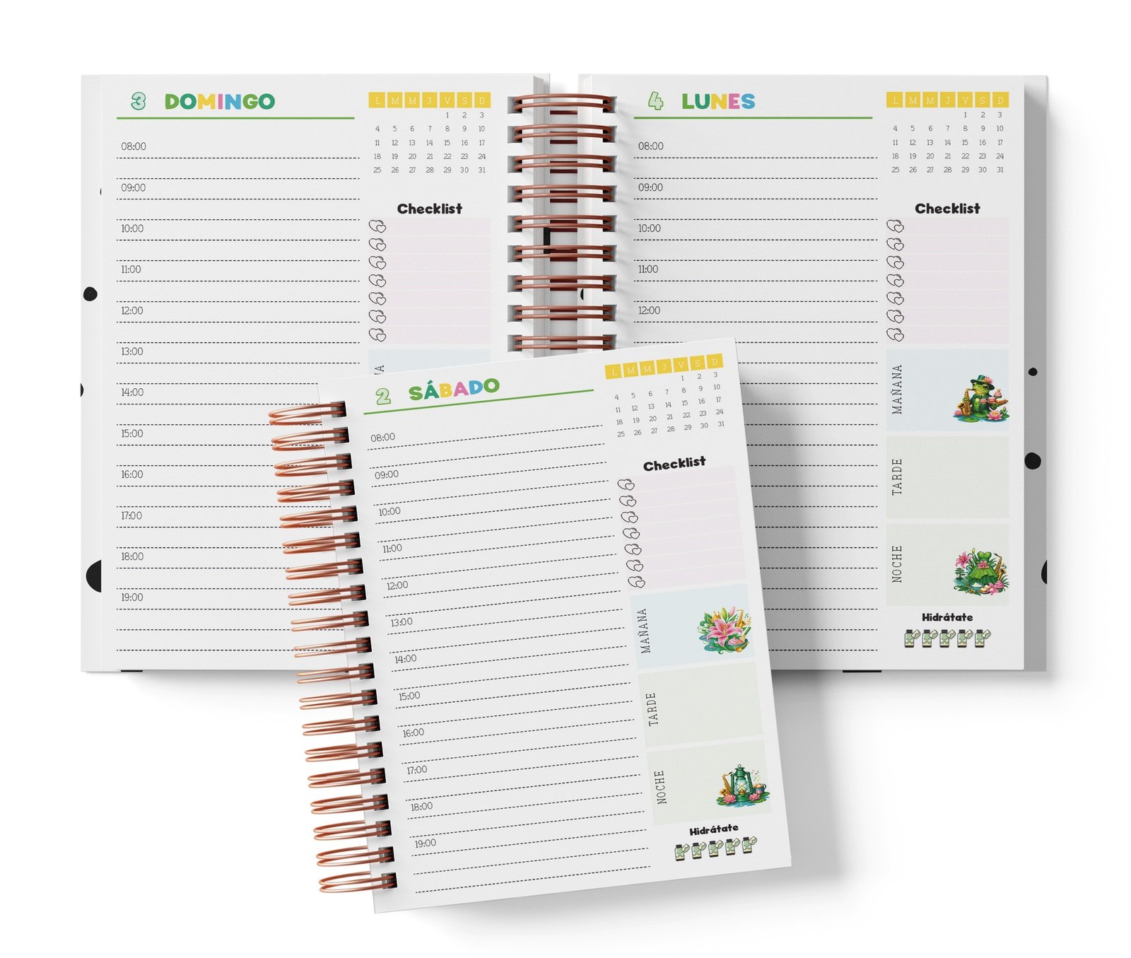 Diaria Tiana con horario de 08:00 a 19:00, Checklist y bloques de mañana, tarde y noche.