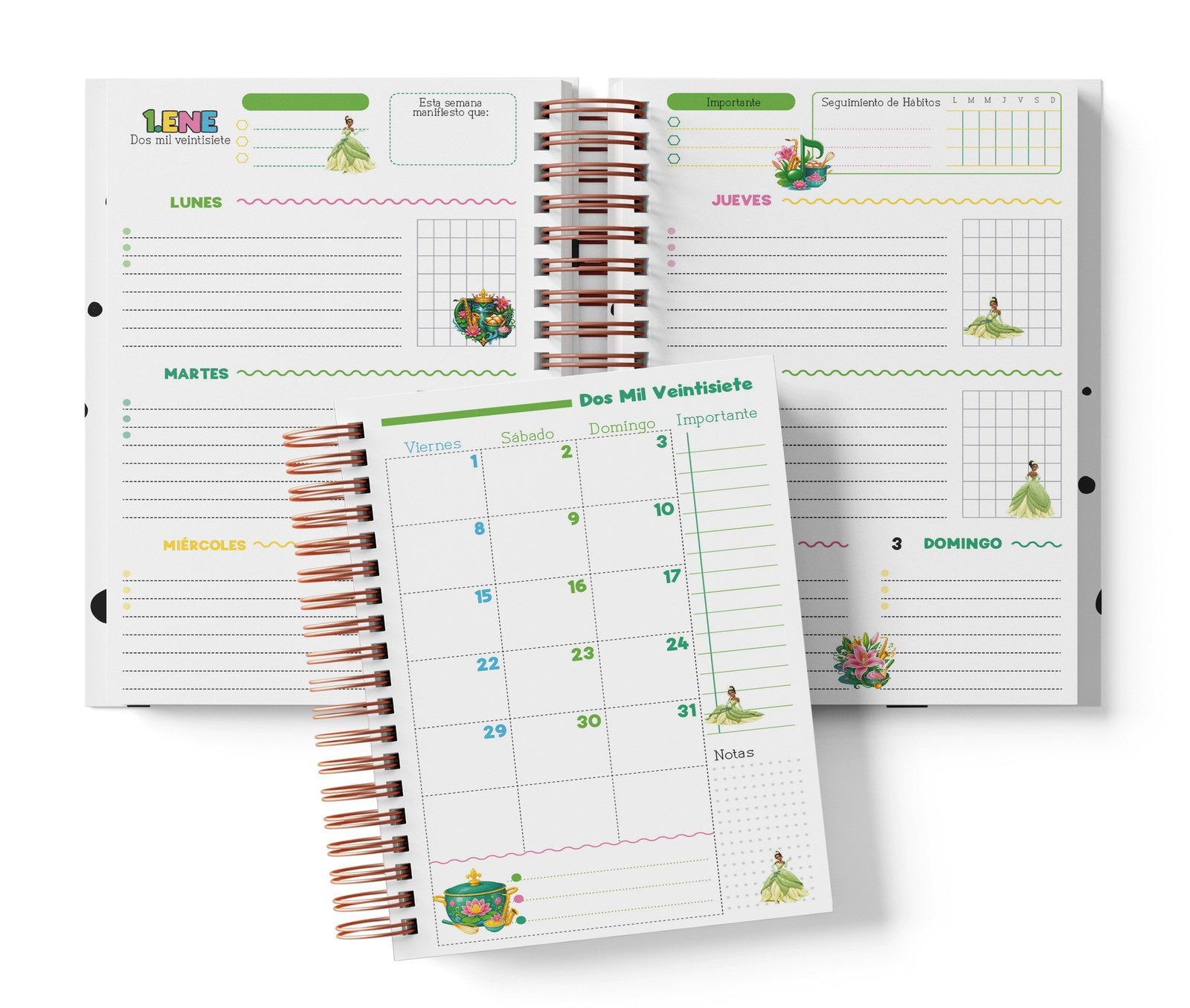 Interior semanal Tiana con planificación por días, Seguimiento de Hábitos y muestra mensual.