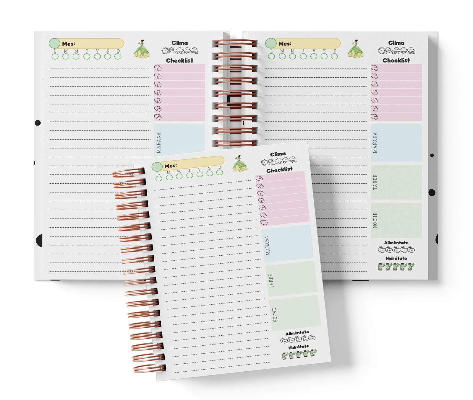 Planner diario Tiana con Mes y selector de día por completar, clima, Checklist, alimentación e hidratación.