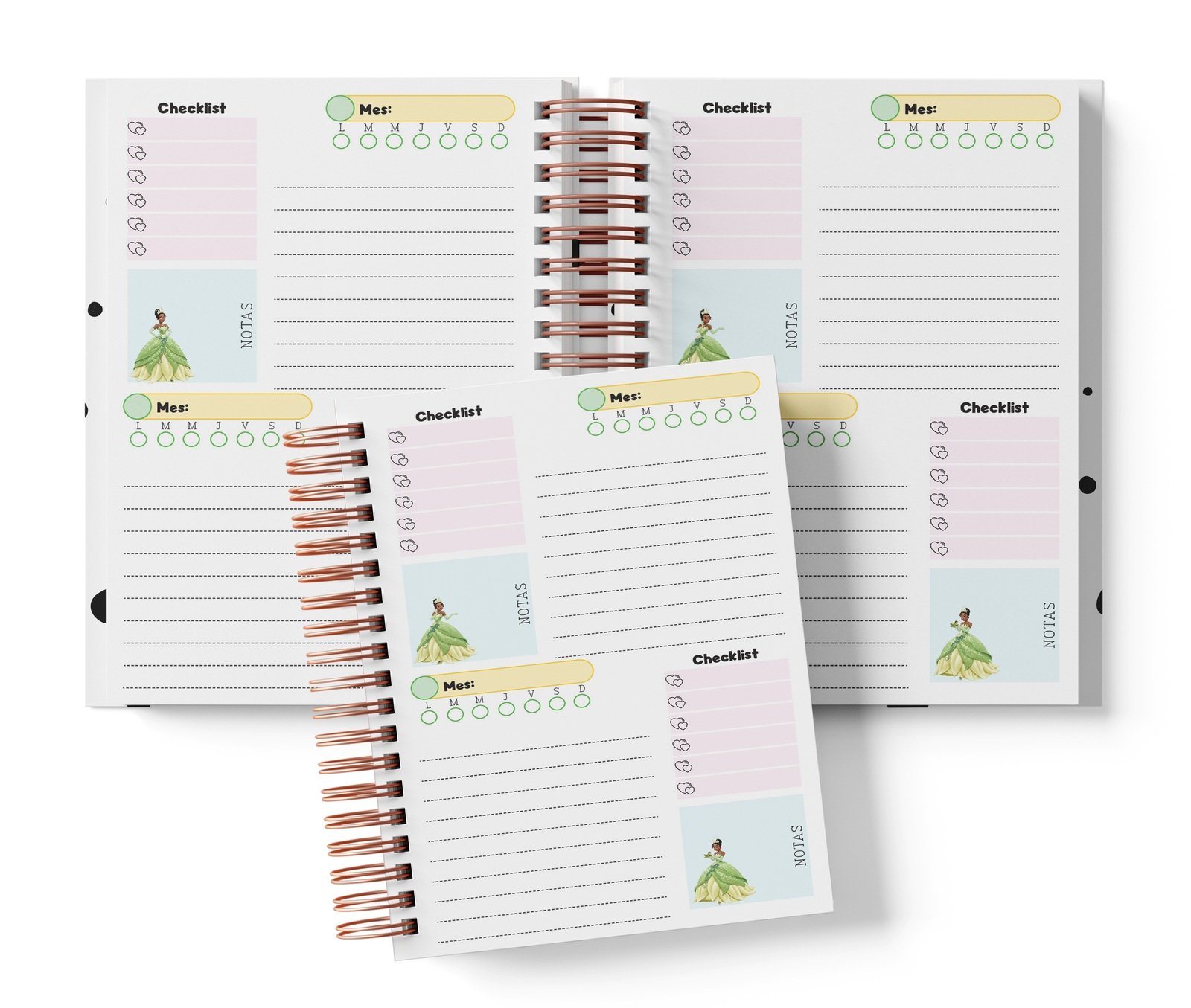 Planner Tiana con dos espacios por página, Mes y día por completar, Checklist y notas.