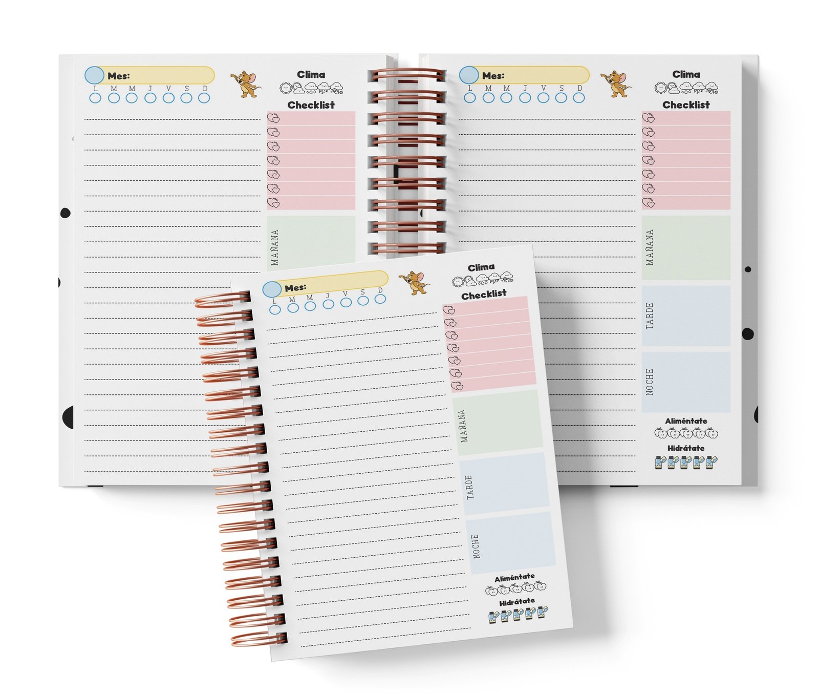 Planner diario Tom y Jerry con Mes y selector de día por completar, clima, Checklist, alimentación e hidratación.