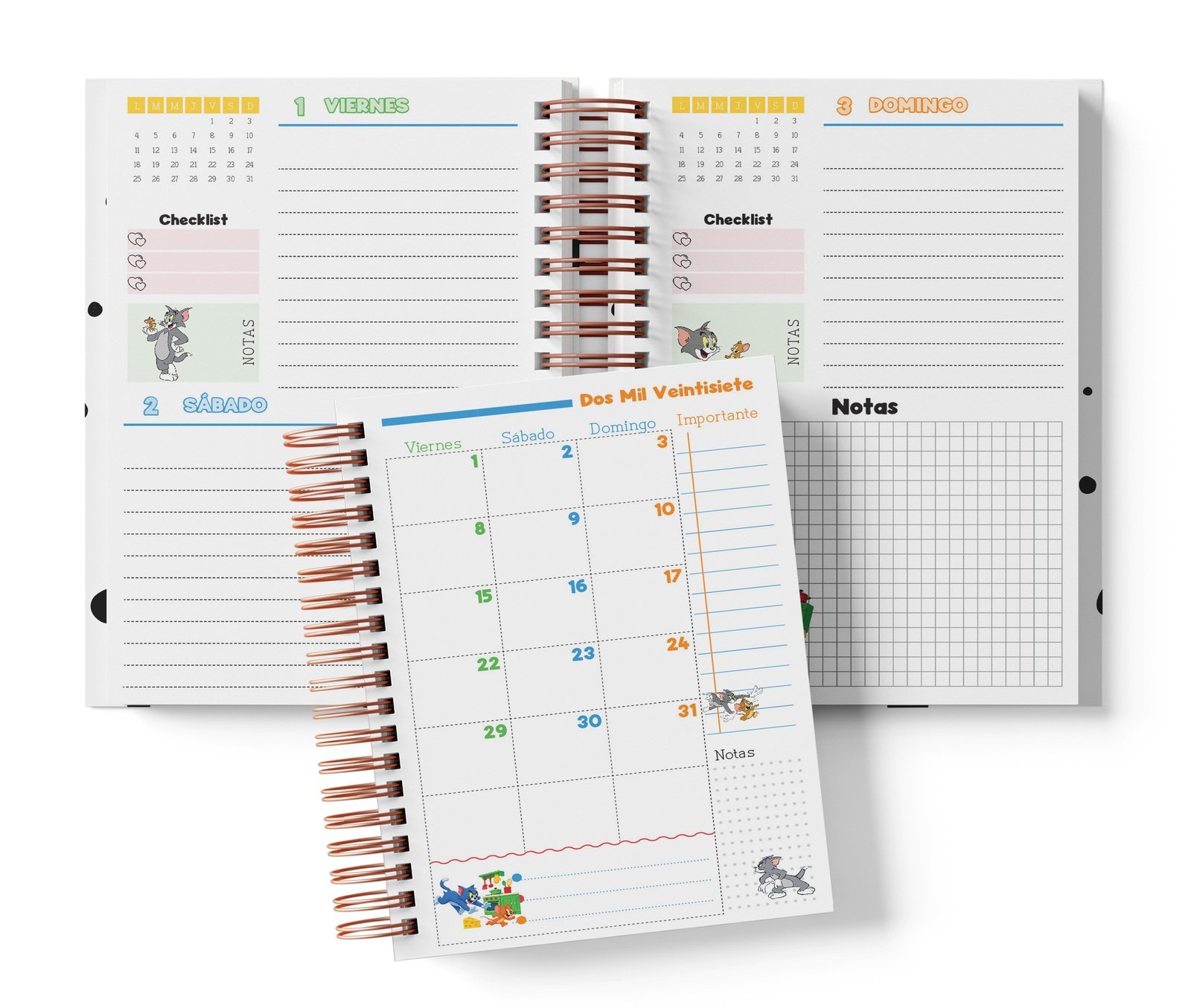 Interior Tom y Jerry de dos días fechado: viernes y sábado, domingo con notas y muestra mensual.