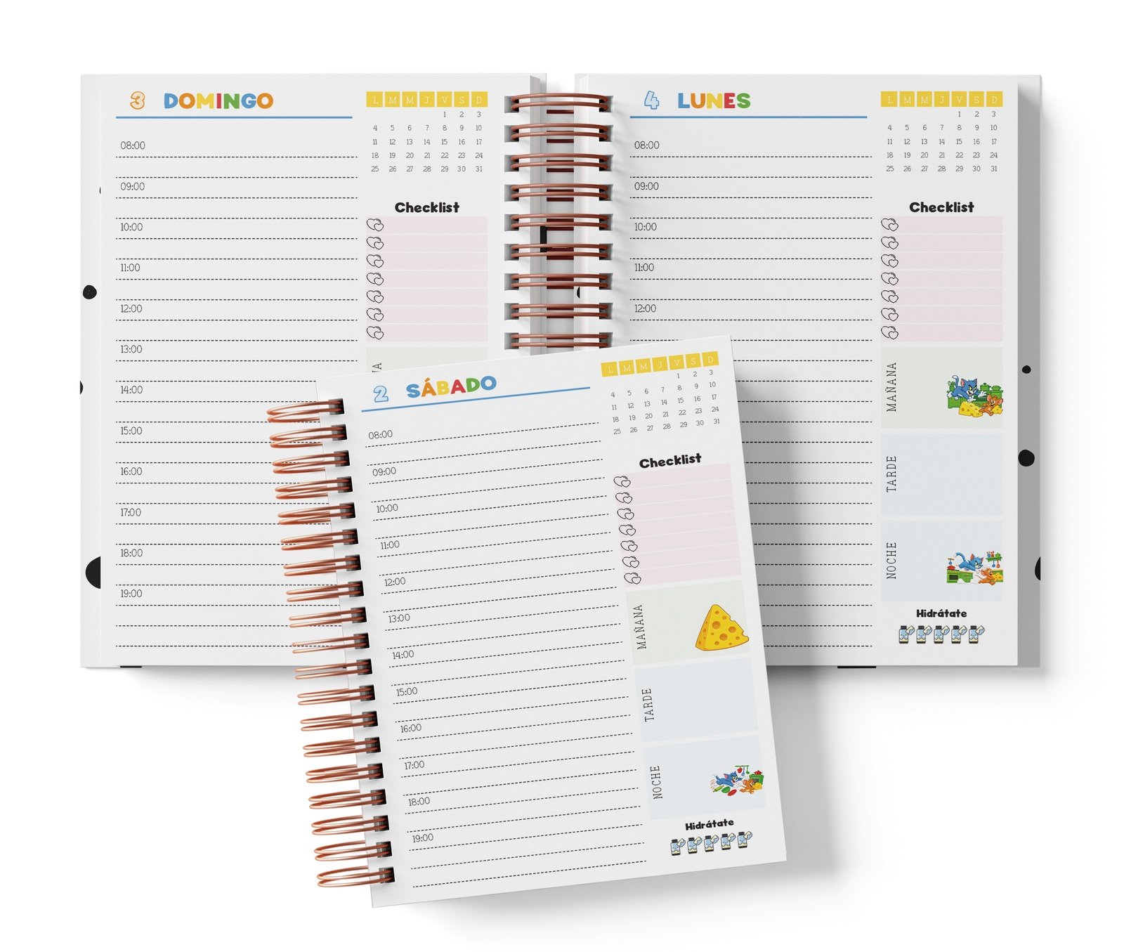 Diaria Tom y Jerry con horario de 08:00 a 19:00, Checklist y bloques de mañana, tarde y noche.