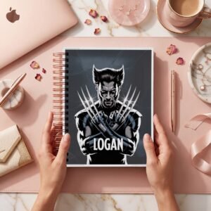 Mockup de la portada literal WOLVERINE-E2627-002: retrato oscuro, garras y texto ilustrado LOGAN en negro y plata. E2627 es el identificador del archivo; la entrega es digital.